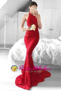 Simple Mermaid Halter Top Lace Dress for Prom Red Backless Sleeveless Sweep Train
