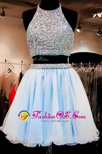 Luxurious Mini Length Light Blue Dress for Prom Halter Top Sleeveless Backless