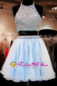 Luxurious Mini Length Light Blue Dress for Prom Halter Top Sleeveless Backless