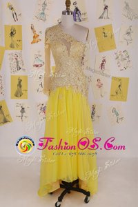Customized One Shoulder High Low Side Zipper Mother Of The Bride Dress Yellow and In for Prom and Party with Appliques