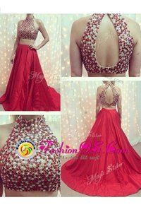 High-neck Sleeveless Dress for Prom With Train Court Train Beading Red Elastic Woven Satin
