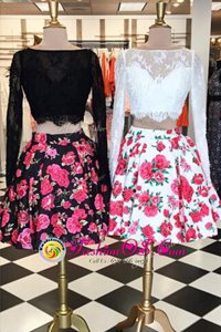 Beauteous Multi-color A-line Lace Bateau Long Sleeves Lace and Pattern Knee Length Zipper Prom Party Dress