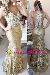 Attractive Mermaid Gold Sleeveless Lace and Belt Zipper Prom Evening Gown