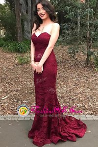 Mermaid Lace Up Mother Of The Bride Dress Burgundy and In for Prom with Lace Sweep Train
