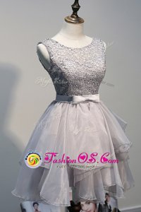 Grey Lace Up Scoop Beading Prom Dress Organza and Lace Sleeveless
