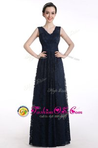 Hot Selling V-neck Sleeveless Prom Dresses Floor Length Lace Black Chiffon