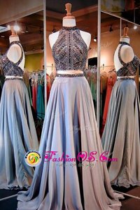 Customized Lavender Backless Prom Dresses Beading Sleeveless Floor Length