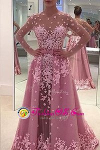 Designer Long Sleeves Sweep Train Appliques Zipper Prom Dresses