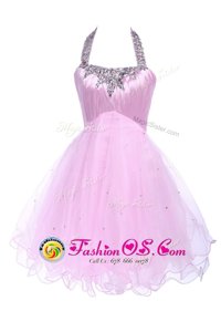 Luxury Lilac Prom Party Dress Prom and Party and For with Beading Halter Top Sleeveless Lace Up