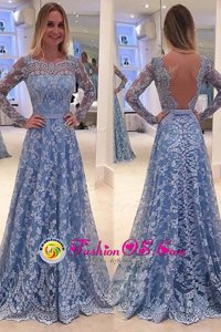 Flirting Blue Prom and For with Lace Scoop Long Sleeves Sweep Train Backless