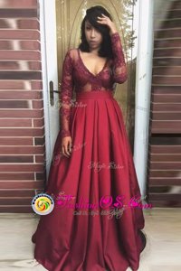 Wonderful Long Sleeves Floor Length Beading and Appliques and Pleated Zipper Mother Of The Bride Dress with Burgundy