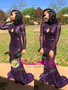 Mermaid Eggplant Purple Zipper Evening Party Dresses Sequins Long Sleeves Sweep Train