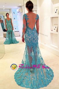 Blue Mermaid Lace Evening Party Dresses Backless Lace Long Sleeves With Train