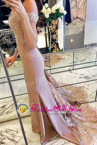 Extravagant Mermaid Off the Shoulder Beading and Lace and Appliques Going Out Dresses Pink Zipper Short Sleeves Sweep Train