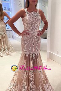 Champagne Mermaid Tulle Scoop Sleeveless Lace and Appliques Zipper Dress for Prom Sweep Train