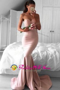 Stunning Mermaid Sleeveless Lace Zipper Celebrity Evening Dresses with Pink Sweep Train