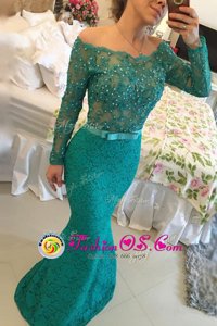 Sumptuous Turquoise Mermaid Off The Shoulder Long Sleeves Lace Floor Length Side Zipper Beading Evening Dress