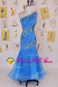 Mermaid Blue One Shoulder Neckline Beading Dress for Prom Sleeveless Zipper