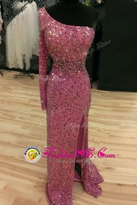 Mermaid One Shoulder Lilac Prom Gown Sequined Sweep Train Long Sleeves Sequins