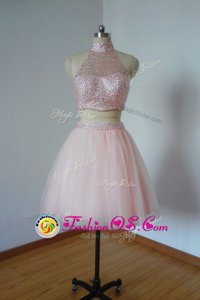Popular Tulle High-neck Sleeveless Zipper Beading Prom Dress in Pink