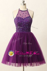 Scoop Purple Tulle Zipper Prom Party Dress Sleeveless Mini Length Sequins