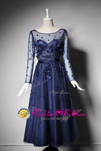Scoop Tea Length Zipper Mother Of The Bride Dress Navy Blue and In for Prom with Beading and Hand Made Flower