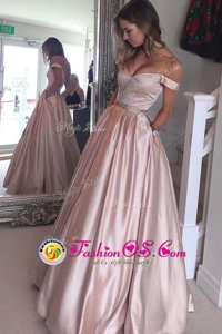 Delicate Off the Shoulder Short Sleeves Satin Floor Length Zipper Homecoming Dress in Pink for with Beading