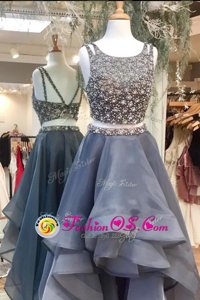 Scoop Sleeveless Organza High Low Zipper Prom Dress in Grey for with Beading
