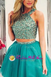 Organza Scoop Sleeveless Zipper Beading in Turquoise