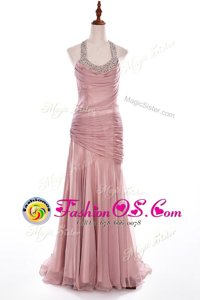Pink Organza and Taffeta Side Zipper Halter Top Sleeveless With Train Prom Evening Gown Brush Train Beading