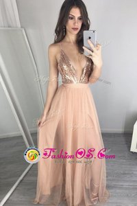 Sophisticated Sequins Pleated Floor Length A-line Sleeveless Peach Homecoming Dress Zipper