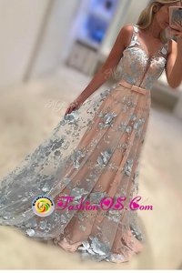 Affordable Peach Zipper Prom Evening Gown Lace and Bowknot Sleeveless With Train Sweep Train