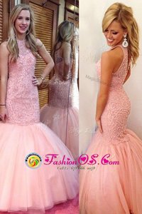 Super Mermaid Scoop Tulle Sleeveless Floor Length Prom Dress and Lace