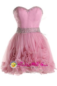 Discount Pink A-line Organza Sweetheart Sleeveless Beading Knee Length Zipper Evening Dress
