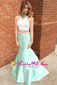 Custom Made Mermaid Apple Green Juniors Evening Dress Prom and For with Beading and Lace Halter Top Sleeveless Zipper