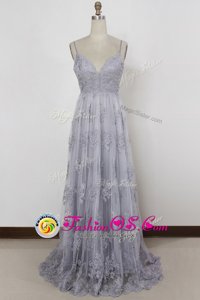 Sleeveless Tulle With Train Sweep Train Backless Mother Of The Bride Dress in Grey for with Appliques