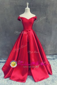 Exceptional Off the Shoulder Satin Short Sleeves With Train Prom Evening Gown Sweep Train and Sashes|ribbons and Bowknot
