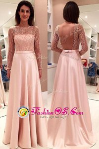 Fantastic Satin Bateau Long Sleeves Sweep Train Backless Beading Dress for Prom in Pink