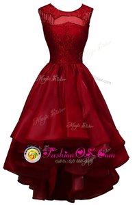 Free and Easy A-line Red Carpet Prom Dress Wine Red Bateau Organza Sleeveless High Low Zipper