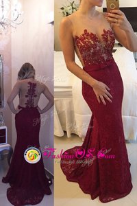 Mermaid Scoop Lace Zipper Dress for Prom Burgundy and In for Prom and Party with Beading and Appliques Sweep Train