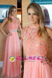 Pink Sleeveless Chiffon Zipper Prom Dresses for Prom and Party