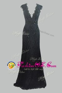 Black Zipper V-neck Beading and Lace Prom Evening Gown Lace Cap Sleeves