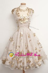 Tea Length Zipper Evening Dress Champagne and In for Prom and Party with Appliques
