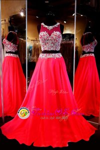 Dramatic Red A-line Chiffon Scoop Sleeveless Beading With Train Backless Formal Evening Gowns Sweep Train