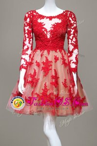 Scoop Long Sleeves Mother Of The Bride Dress Knee Length Appliques Red Lace