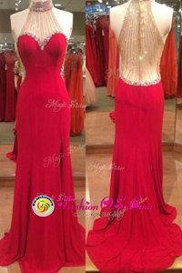 Mermaid Halter Top Sleeveless Prom Dresses Floor Length Beading Red Satin