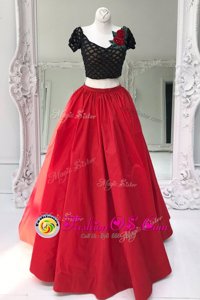 Dazzling Red Zipper Evening Dress Beading and Ruffles Short Sleeves Floor Length