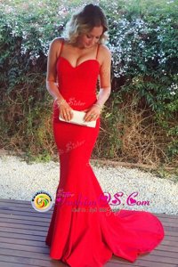 Mermaid Red Prom and For with Ruching Spaghetti Straps Sleeveless Sweep Train Zipper