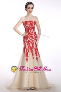 Artistic Mermaid Strapless Sleeveless Prom Dresses Brush Train Appliques Red and Champagne Tulle