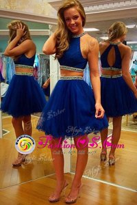 Modern Royal Blue Zipper Halter Top Beading and Belt Cocktail Dress Organza Sleeveless